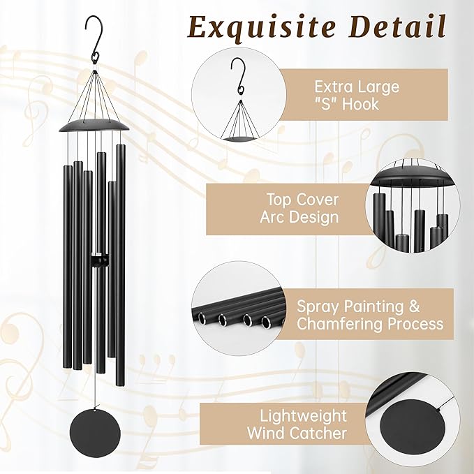 38" Large Wind Chimes with Classic Sound, Coolest Metal Windchimes Outdoors with Pine Wood Striker, Unique Gift for Mom, Garden Decoration(Black)