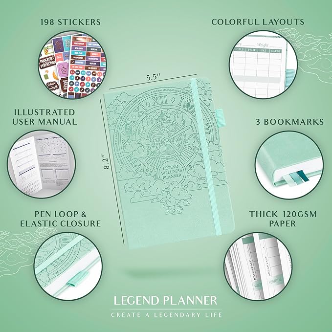 Legend Wellness Planner & Food Journal – Daily Diet & Health Journal with Exercise & Weight Loss Tracker – Nutrition Diary, 6 Months (Mint Cream)