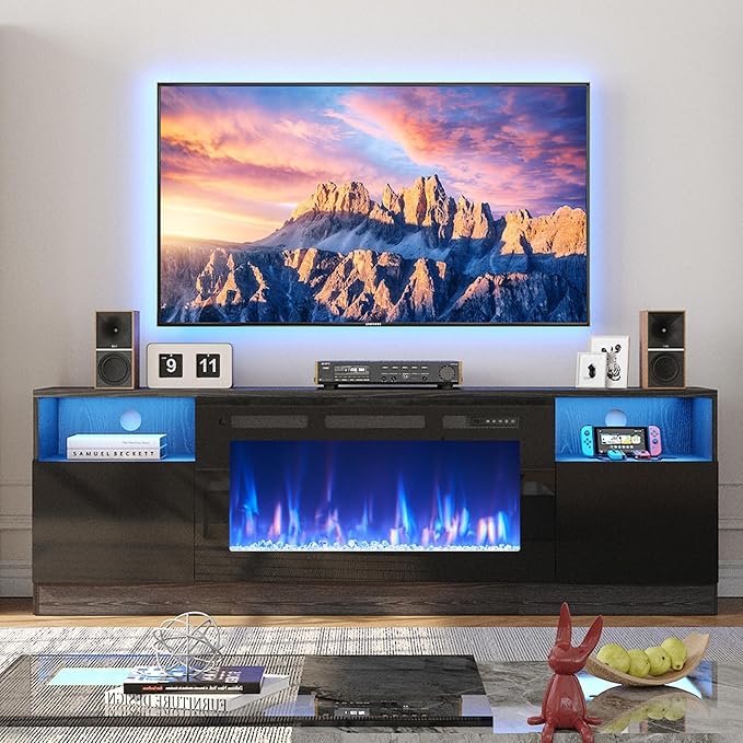 80” TV Stand with 36” Electric Fireplace, Large Modern Media Entertainment Center with Storage Cabinet and 12 Colors LED Lights for TVs Up to 90",All Black