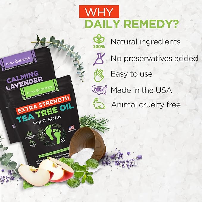DAILY REMEDY EXTRA STRENGTH Tea Tree Oil & Calming Lavender Foot Soak Set - Made in USA - Soothes Sore Tired Feet, Athletes Foot, Stubborn Foot Odor, and Softens Calluses - Pack of 2