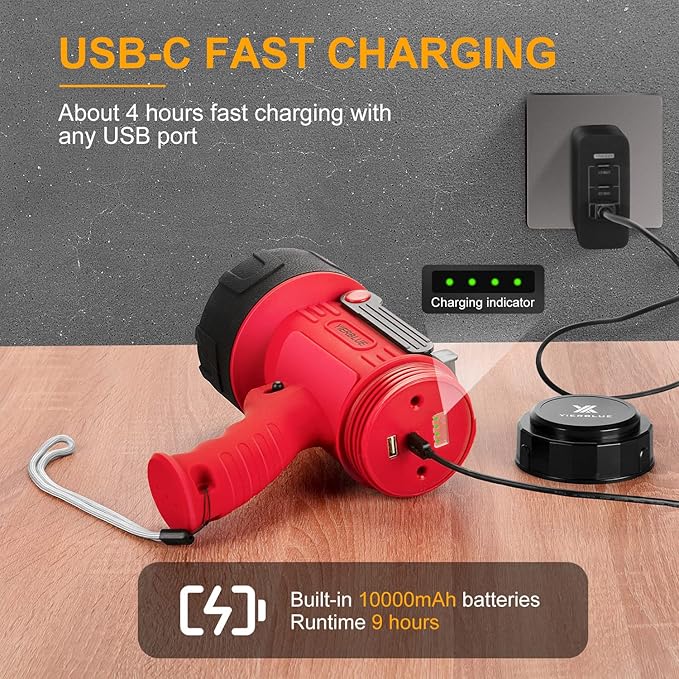 YIERBLUE Rechargeable Spotlight Flashlight with Super High High Lumen LED, IP67 Waterproof Long Running Spot Light searchlight, Impact Resistant Handheld Spotlight with Foldable Stand and Red Lens