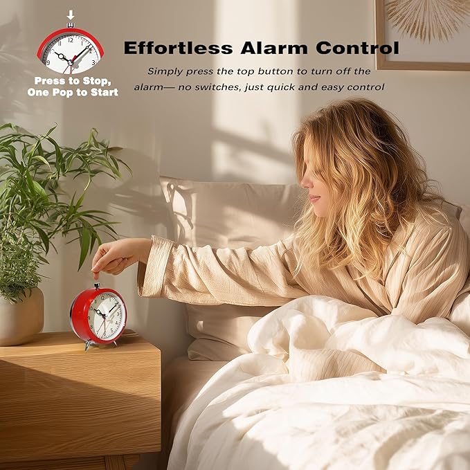 AYRELY® 4" Loud Analog Alarm Clock, Retro Metal Travel & Table Clock Battery Operated, Silent Non-Ticking Desk Clock with Alarm Switch Button for Bedroom, Bedside, Shelf, Office (red)