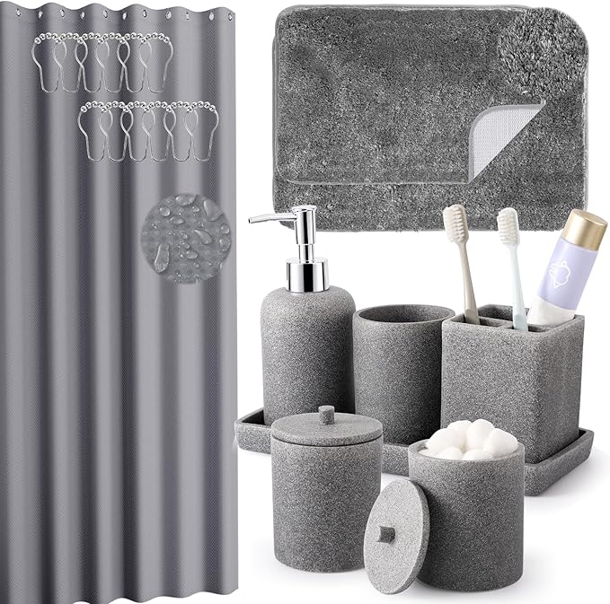 21 Pcs Bathroom Accessory Set with Waterproof Shower Curtain and Non Slip Mat,Resin Bath Set with Toothbrush Holder and Lotion Soap Dispenser,Bathroom Countertop Organizer Set for Home Apartment