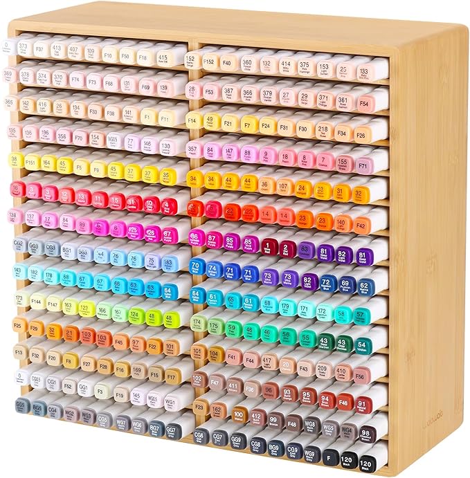 walowalo Bamboo Marker Organizer for 280 Markers Durable Pencil Holder Desk Storage Extra Large for Artists Teachers Students Office Classroom Birthday Gifts No Assembly Required 28-Compartments