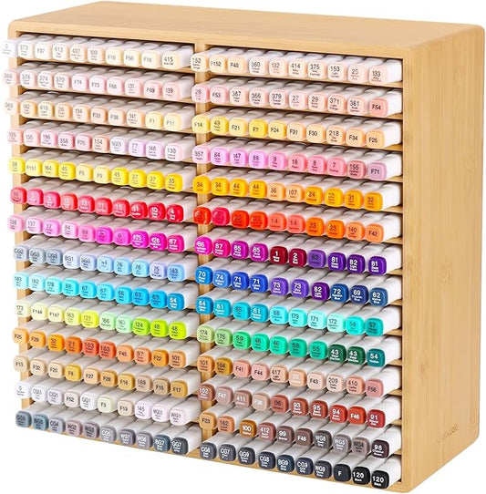 walowalo Bamboo Marker Organizer for 280 Markers Durable Pencil Holder Desk Storage Extra Large for Artists Teachers Students Office Classroom Birthday Gifts No Assembly Required 28-Compartments