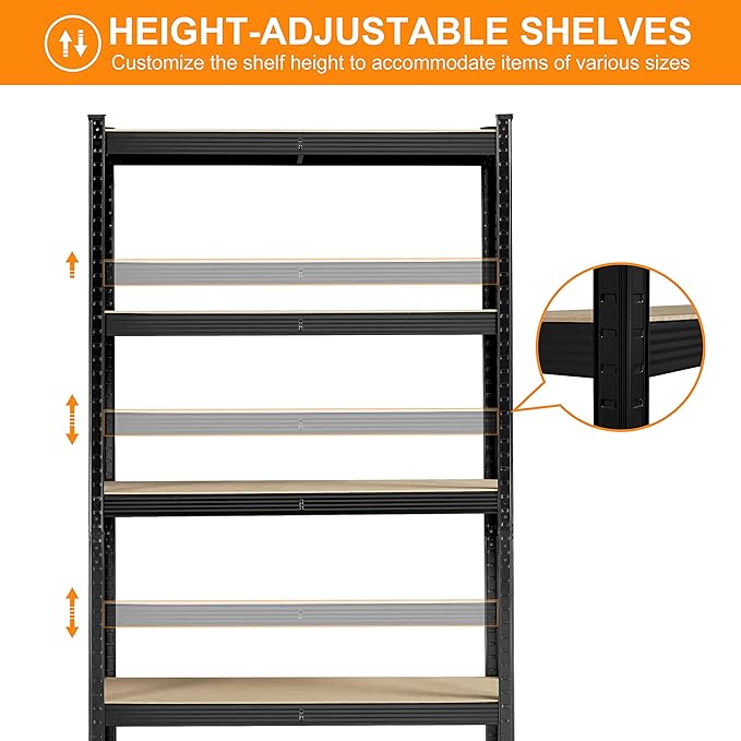 Yaheetech Standing Shelf Units, 5 Tier Storage Shelf, Heavy Duty Shelving, Adjustable Garage Shelves, Utility Rack Shelf Unit, Basement Warehouse Shed, 35.5″W× 12″D × 71″H - Black
