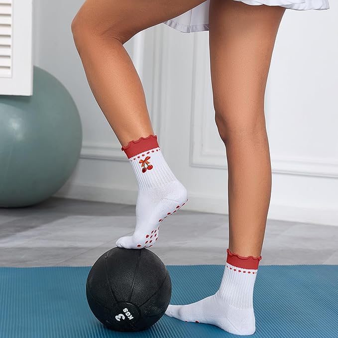 Cute Pilates Socks with Grips for Women Ruffle Cuff Embroidery Non Slip Yoga Socks for Workout, Barre, Pilates Gifts
