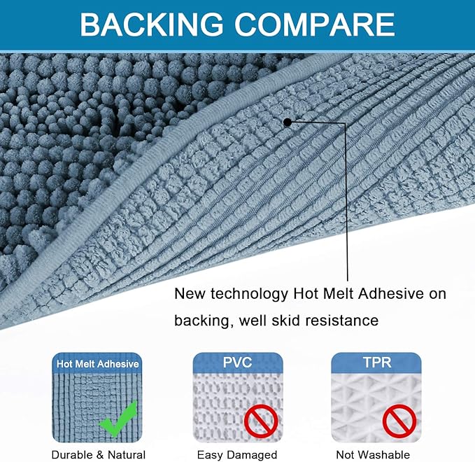 H.VERSAILTEX Bath Rugs for Bathroom Washable Non Slip Extra Thick Chenille Striped Bath Mat Rug Runners 47" x 17" Absorbent Fluffy Soft Shaggy Mats Plush Area Carpet for Bath Room, Tub - Stone Blue