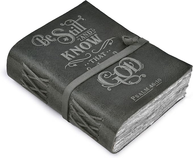 LEATHER VILLAGE Vintage Leather Journal with Psalm 46:10 Bible Verse–13''x8'' Embossed Prayer Study Journal for Women & Men – 200 Pages Handmade Cotton Deckle Edge Watercolor Paper - Grey Paper