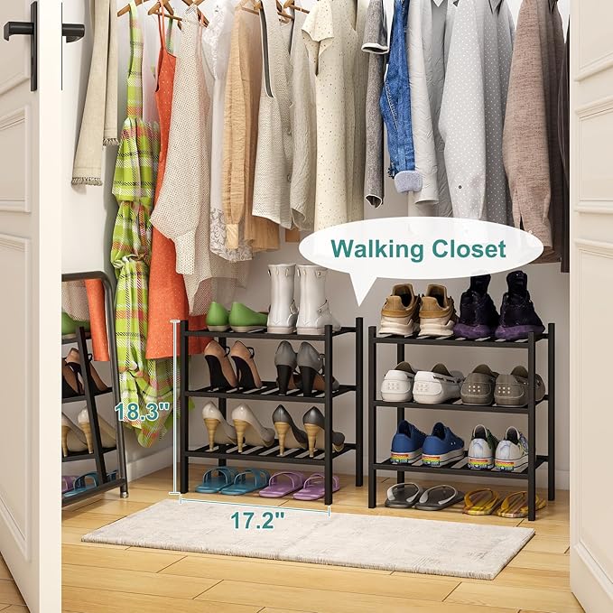 Small Shoe Rack for Entryway,3-Tier Black Bamboo Shoe Organizer for Hallway Closet, Free Standing Shoe Racks for Indoor Outdoor