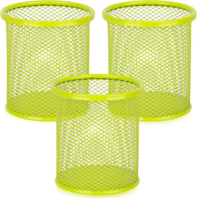 Segarty Pen Holder, 3 Pack Round Light Green Pen Cup Holder, Wire Mesh Marker Pencil Containers Set for Desk, Desktop Accessories Organizer Office Supplies, School, Home, Makeup Brush