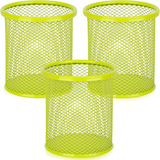 Segarty Pen Holder, 3 Pack Round Light Green Pen Cup Holder, Wire Mesh Marker Pencil Containers Set for Desk, Desktop Accessories Organizer Office Supplies, School, Home, Makeup Brush