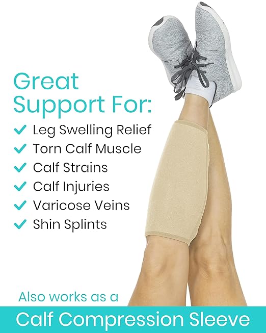 Vive Calf Brace - Adjustable Shin Splint Support - Lower Leg Compression Wrap Increases Circulation, Reduces Muscle Swelling - Calf Sleeve for Men and Women - Pain Relief (Beige)