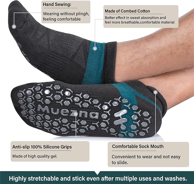 Muezna Men's Non-Slip Yoga Socks, Anti-Skid Pilates, Barre, Bikram Fitness Hospital Slipper Socks with Grips