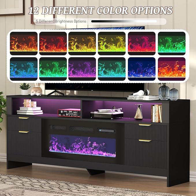 Fireplace TV Stand with 36" Fireplace Up to 80" TVs, 70" Entertainment Center with LED Lights, Storage Cabinets, Modern TV Console for Living Room,Bedroom (Black)