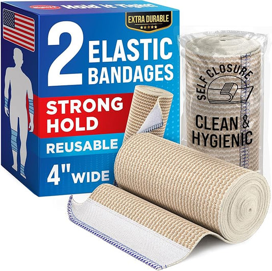 Premium Elastic Bandage Wrap – (2pk) – 4” Self-Closing Reusable Compression Bandage Wrap for Legs and Arms - Foot, Elbow, Knee Wrap