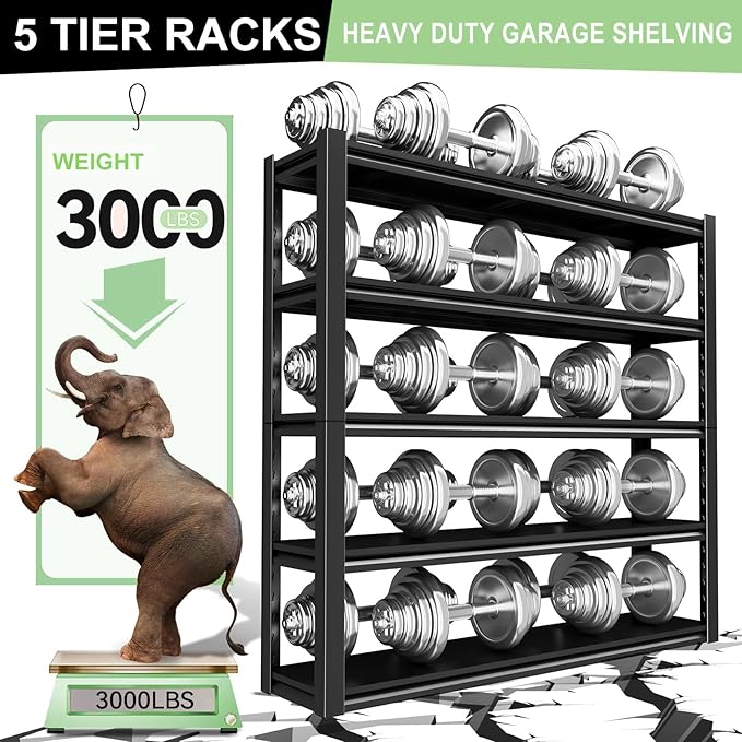 Heavy Duty Garage Shelving, 5 Tier Metal Shelving with Adjustable Shelves, 3000LBS Storage Racks, Shelf Storage Units, Utility Shelves for Garages, Basements, Warehouses, Supermarkets