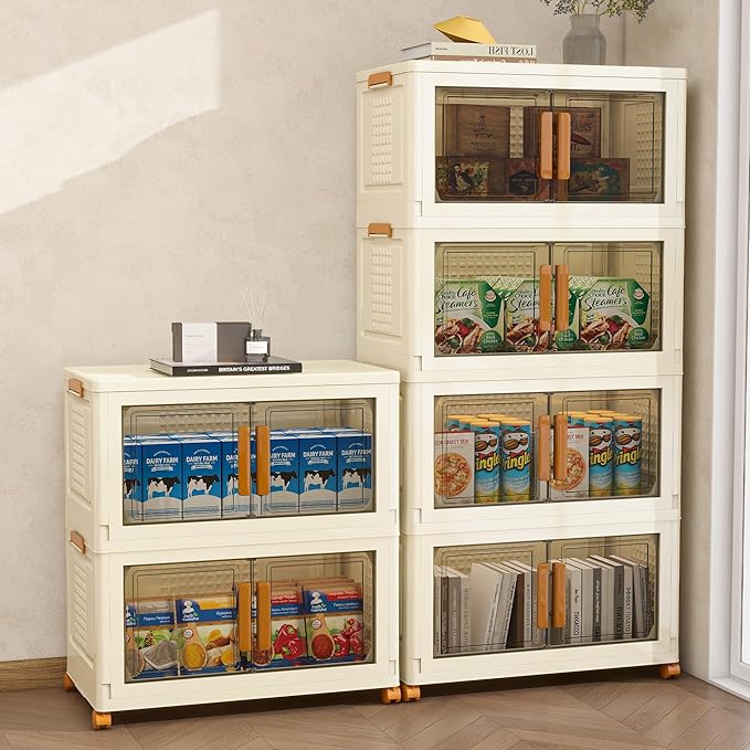 Plastic Stackable Storage Bins with Lids and Wheels, Foldable Closet Organizers and Storage Containers for Bathroom, Collapsible Clear Drawer Storage Cabinet with Doors White 22.4Gal 2Tiers