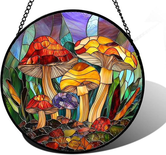 Stained Glass Window Hanging, Jungle Mushrooms Sun Catchers Diamond Glass Panel Hangings Plant Suncatcher Decor for Birthday for Women, Men, Wife, Aunt, and Mom 9.8 in