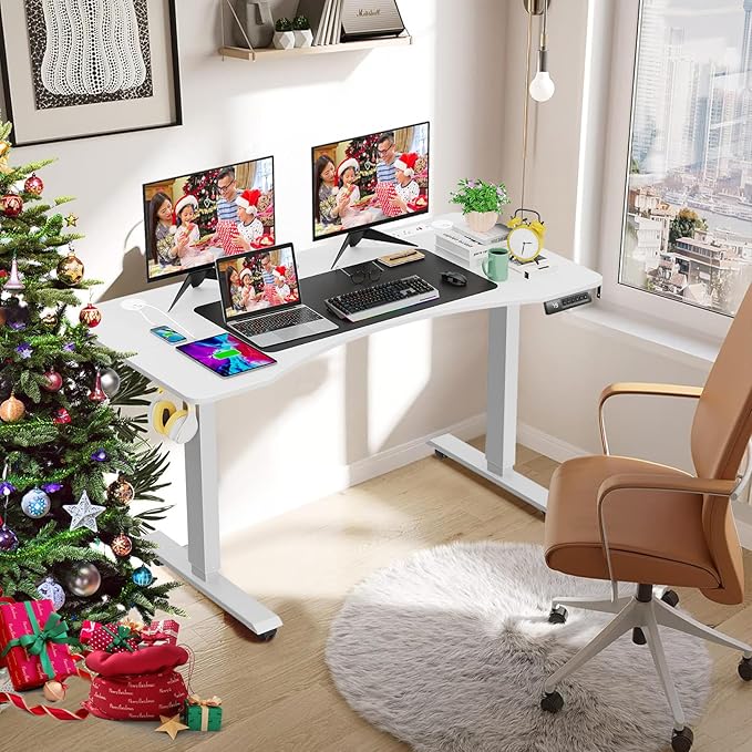 farexon Electric Standing Desk Adjustable Height,63x24 Inches Stand Up Desk, Ergonomically Curved Desktop with Outlet, Lockable Casters,27.''-46'' Lifting Range Home Office Computer Desk（White