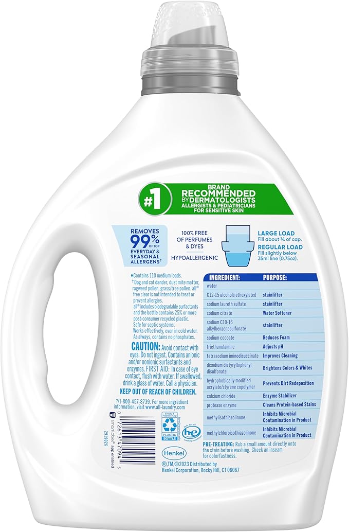 all free clear, Original, Liquid Laundry Detergent for Sensitive Skin, Unscented and Hypoallergenic, Concentrated