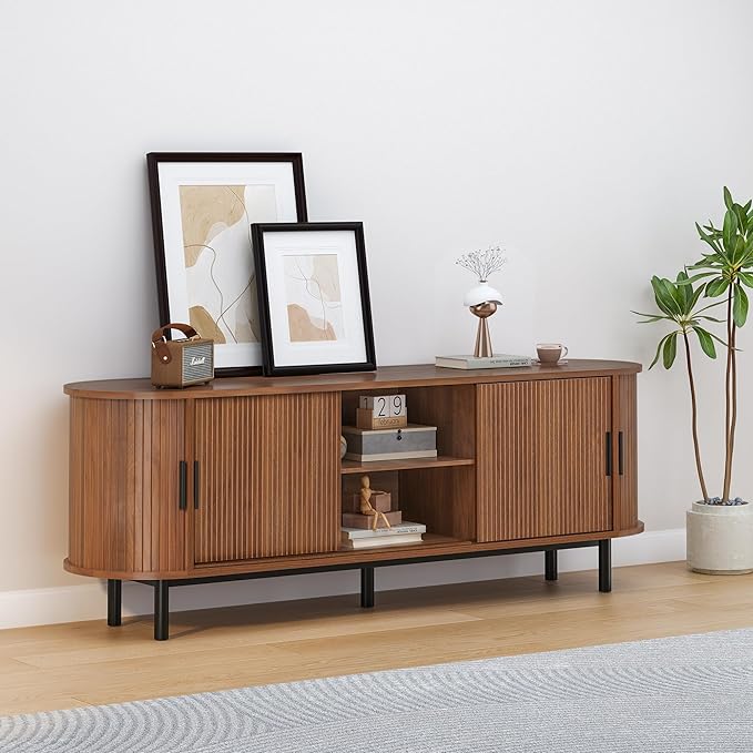 63" Fluted TV Stand for 65/70 Inch, Mid Century Modern Console With Sliding Doors, Curved Gaming Entertainment Center, Media Console for Living Room, Bedroom (Walnut, 63inch-4doors)