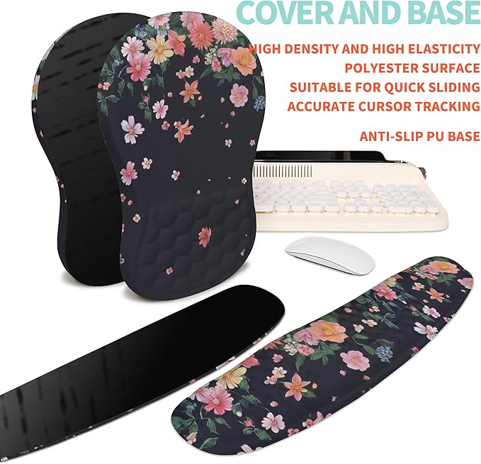 2-in-1 Ergonomic Set, Wave Rise Keyboard Wrist Rest and Massage Bulge Slope Mouse Pad Wrist Support, Cushion Memory Foam Integrated to Relieve Wrist Pain, Flower Dance