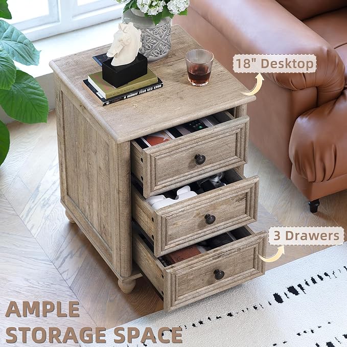 18" Farmhouse Nightstand with Charging Station and USB Port, Grey Night Stand with 3 Drawers, Wood Bedside End Table with Storage, Bed Side Tables for Bedroom Living Room and Closet