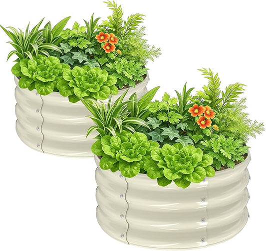 VINGLI 2 PCS Galvanized Raised Garden Beds Outdoor, 2x2x1ft Round Raised Planter Boxes Outdoor, Metal Raised Garden Bed for Vegetables (White)