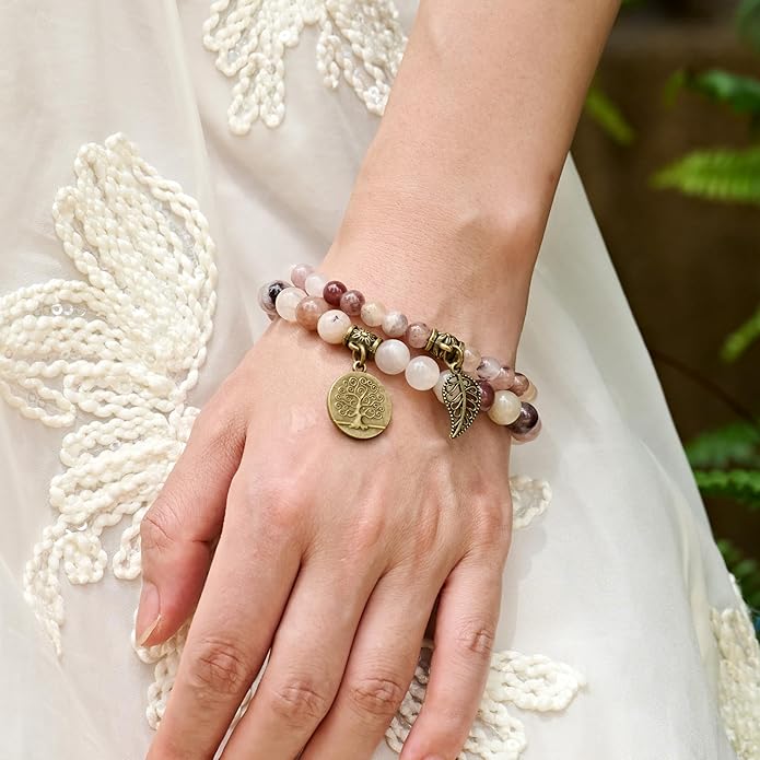 Bivei Natural Semi Precious Gemstone beads bracelet for women - Life Tree and Leaf Charm Energy Reiki Crystal Stretch Bracelets