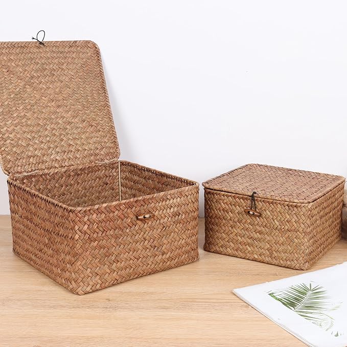 Wicker Shelf Baskets with Lid, Handwoven Seagrass Storage Basket Bins Square Gift Boxes for Shelves Home Decor Organizer (Coffee, X-Small)
