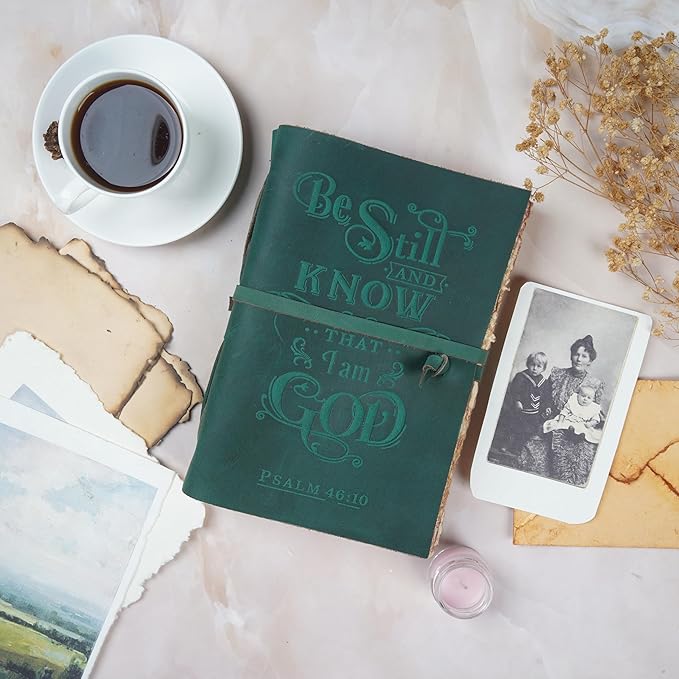 LEATHER VILLAGE Vintage Leather Journal with Psalm 46:10 Bible Verse–10''x7'' Embossed Prayer Study Journal for Women & Men – 200 Pages Handmade Cotton Deckle Edge Watercolor Paper - Turquoise