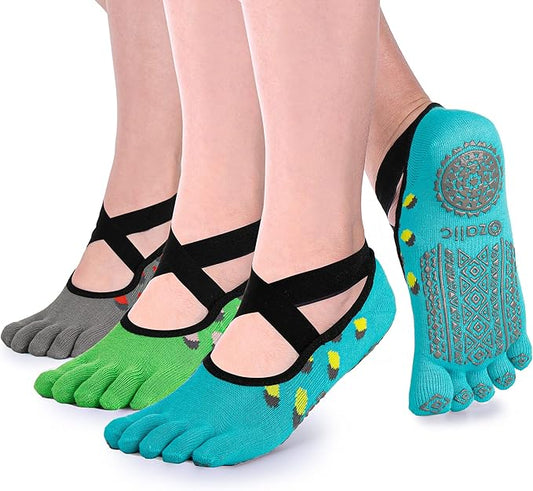 Ozaiic Yoga Socks for Women with Grips, Non-Slip Five Toe Socks for Pilates, Barre, Ballet, Fitness