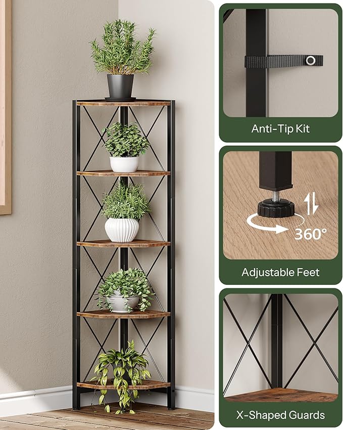 5-Tier Corner Shelf, Corner Bookcase, 55.2" Tall Vertical Display Rack, Plant Stand, Open Storage Shelf, for Living Room, Bedroom, Study, Kitchen, Rustic Brown and Black TCJ12BF
