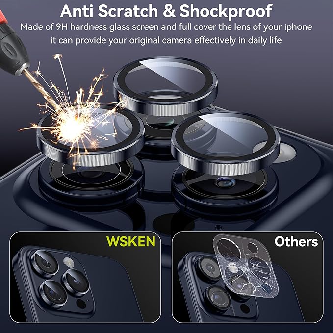 WSKEN for iPhone 15 Pro/iPhone 15 Pro Max Camera Lens Protector,[Keep Original Shooting] Shatterproof 9H Tempered Glass Camera Screen Protector Metal Ring Cover Film Accessories,Blue Titanium