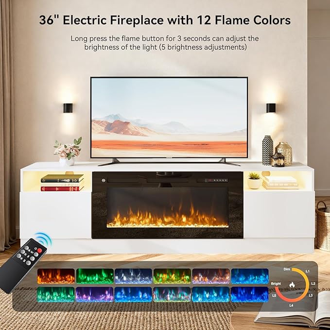 70" TV Stand with 36" Electric Fireplace, Large Modern Media Entertainment Center with Storage Cabinet and 12 Colors LED Lights for TVs Up to 80",White and Black