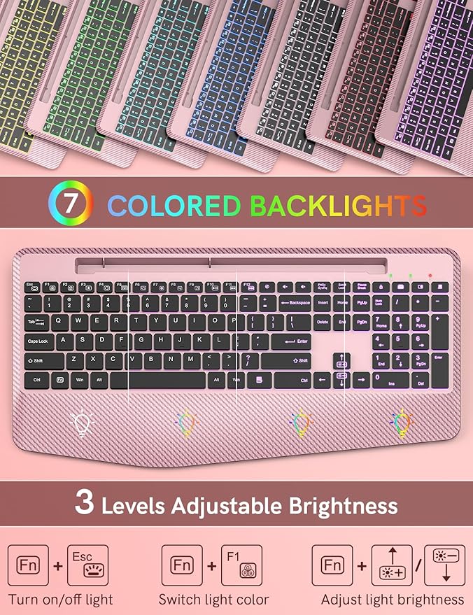 Wireless Keyboard with 7 Colored Backlits Wrist Rest, Phone Holder, Rechargeable Ergonomic Computer Keyboard with Silent Key, Full Size Lighted Keyboard for Windows, Mac, PC, Laptop (Rose gold)