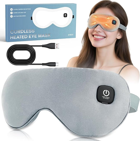 Heated Eye Mask for Dry Eyes Relief, Cordless Eye Mask with 3 Heat Settings, Washable Eye Cover, Warm Heating Pad for Stye Eye Treatment & Travel Use