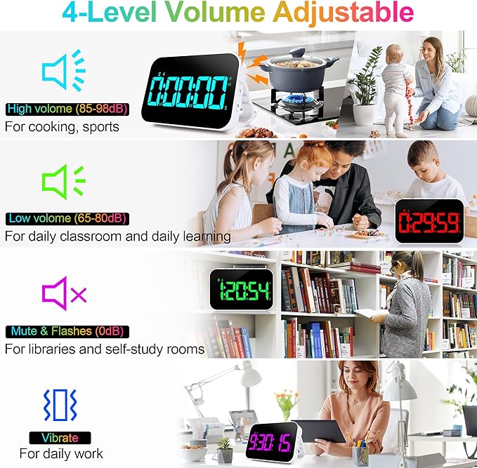 Digital Kitchen Timer, 10 RGB Color Rechargeable Magnetic Timer for Cooking with Count Down Up, 5”LED Large Display, Kids Timers for Classroom Home Office Gym Work Study Fitness Game