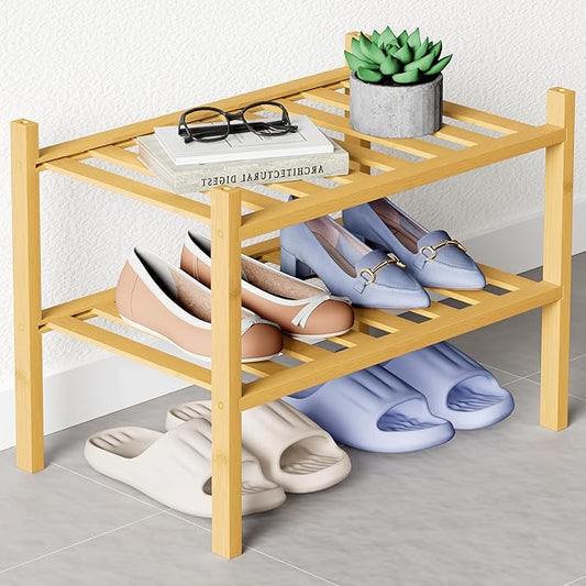 Smiry Bamboo Shoe Rack for Closet, 2 Tier Small Wooden Stackable Shoe Organizer, Free Standing Shoes Storage Shelf for Entryway, Front Door Entrance, Natural