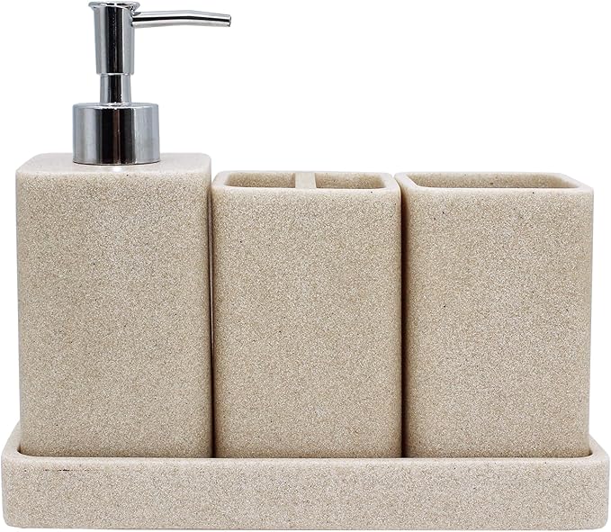 Bathroom Accessories Set, 4 Pcs Bathroom Accessory Set, Soap Dispenser, Toothbrush Holder, Qtip Holder Set, Bathroom Sets Complete, Bathroom Sink Set for Modern Home, Beige
