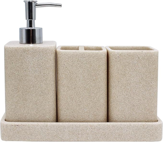 Bathroom Accessories Set, 4 Pcs Bathroom Accessory Set, Soap Dispenser, Toothbrush Holder, Qtip Holder Set, Bathroom Sets Complete, Bathroom Sink Set for Modern Home, Beige