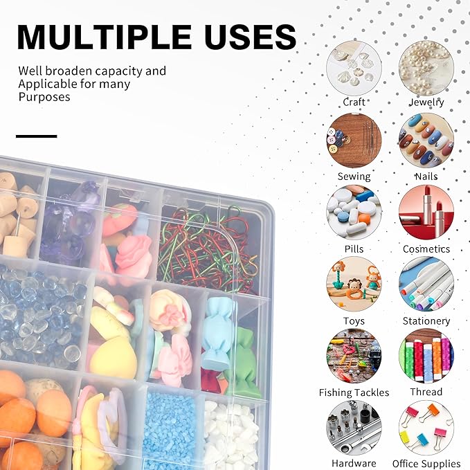 OALCQ Craft Organizers And Storage Box 18 Grids Clear Plastic Bead Organizer With Dividers, Clear Craft Storage for Beads, Earrings, Pills, Jewelry, Screws, Seeds, Small Parts, Hair Ties