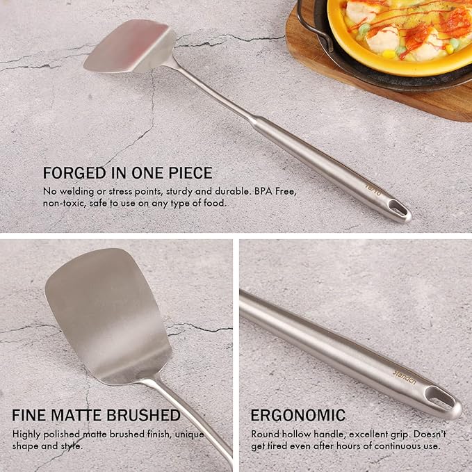 18/10 Stainless Steel Spatulas Set - 15” Long Spatulas for Kitchen, Metal Cooking Utensils - 1 Slotted Spatula + 1 Solid Turner (style A - all metal brushed)