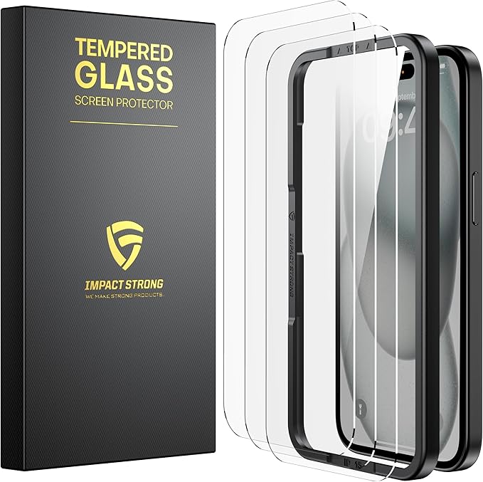 ImpactStrong Shatterproof Tempered Glass Screen Protector for iPhone 15 / iPhone 16 [Easy Installation Frame] [Bubble Free] [9H Hardness] [Full Coverage] Case Friendly, 6.1 Inch - (3-Pack)