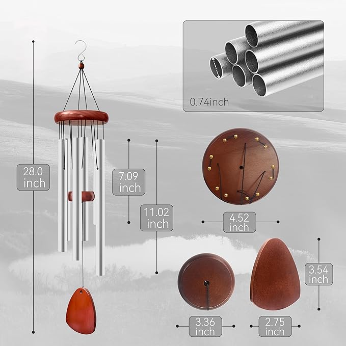 28" Wind Chimes for Outside. Deep Tone Lovely Wind Chimes with 6 Aluminum Tubes Courtyard Decoration. Windchimes Outdoor Create an Enjoyable Atmosphere & Give Mom a Gift(Silver)