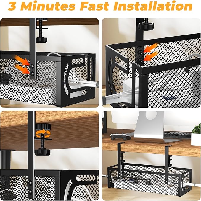 Under Desk Cable Management Tray, 15.7'' No Drill Steel Desk Cable Organizers, Wire Management Tray Cable Management Rack (2 Packs-Black)