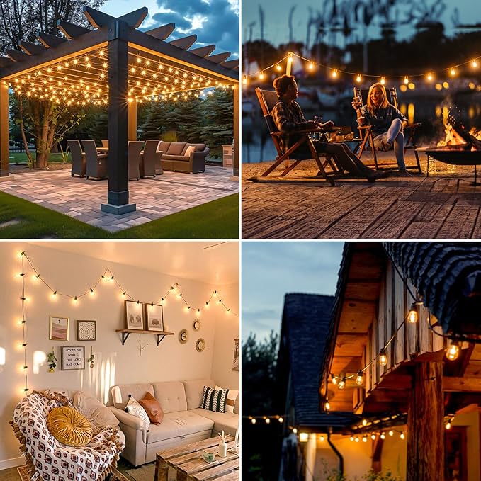 100FT LED Outdoor Patio Lights, Waterproof String Light with Remote & 32 Shatterproof S14 Vintage Bulbs(2 Spare), Connectable Commercial Outside Hanging Light for Garden, Balcony, Backyard, Bistro
