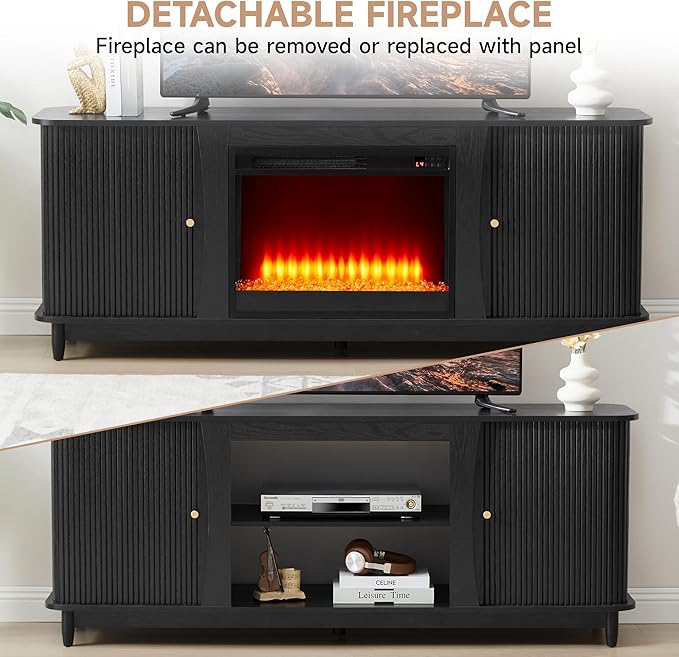 Fireplace TV Stand, Fluted TV Stand with Storage and Sliding Door, Farmhouse Entertainment Center Media Console Table for Living Room (Black)