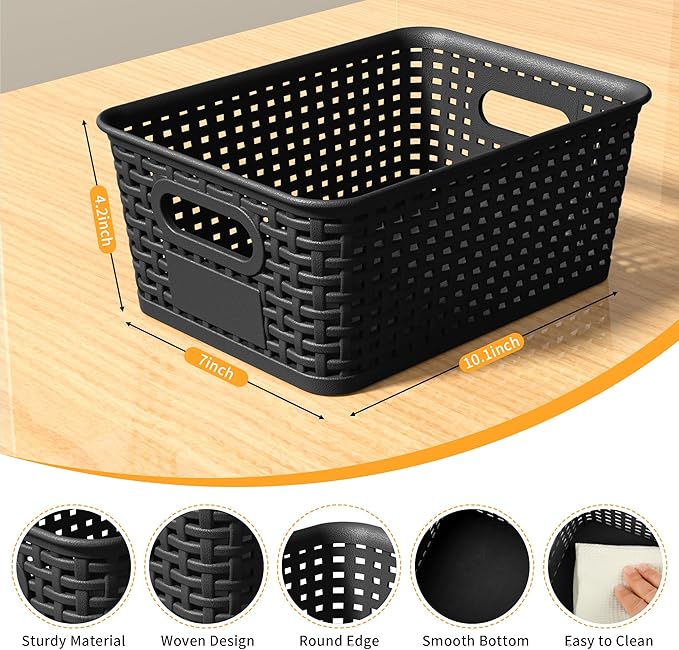 Black Plastic Storage Baskets - Pack of 8 with Labels Stackable Durable Storage Bins, Storage Containers for Organizing Desktops, Closets, Playrooms, Classrooms, Offices